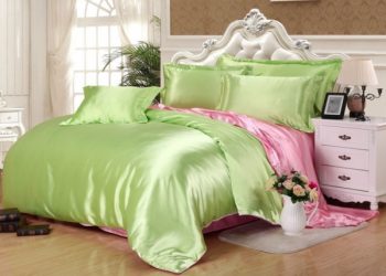 Оливково-розовое  атласное постельное белье