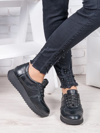 Женские кроссовки  кожаные черные   6920-28