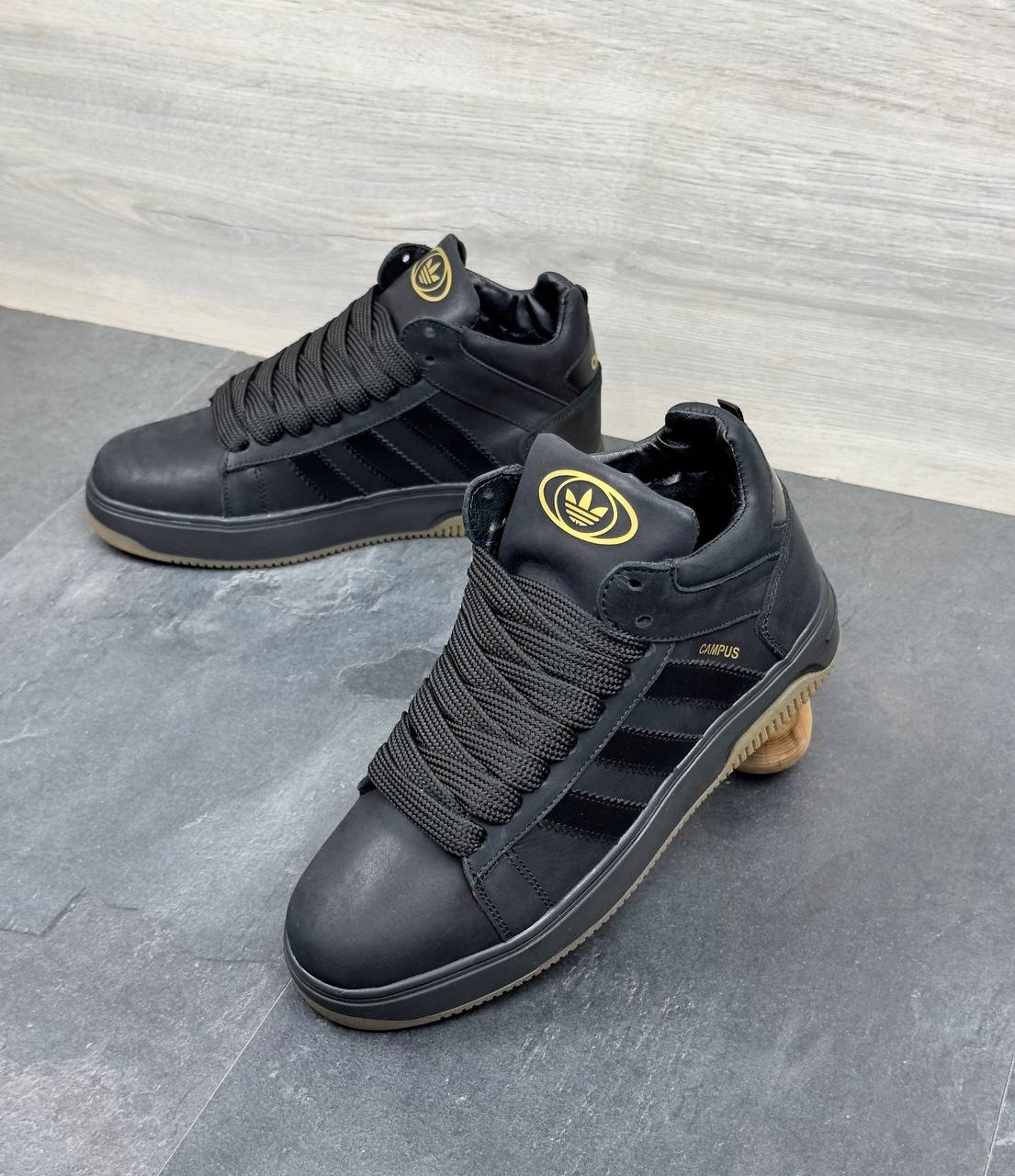 Чоловічі зимові шкіряні кросівки Код: Кам бот/чорний - Зображення 2